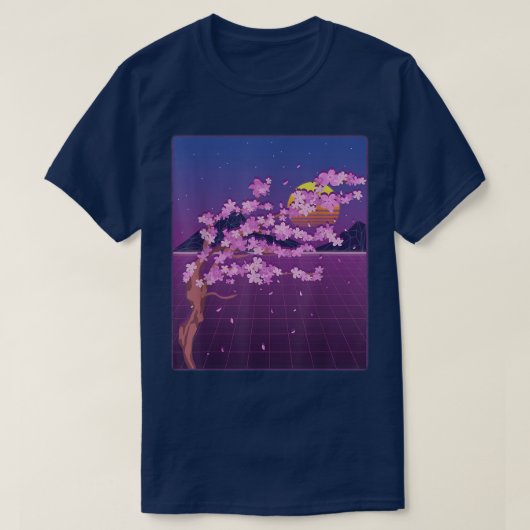 桜日本のフラワーサンセットベイパウェーブさくらんぼブロ Tシャツ (デザイン正面)