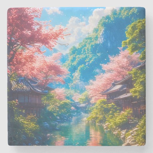 桜映る静流 ストーンコースター (正面)