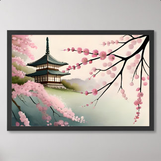 桜絵を描ピンクの日本パゴダ建物霧 ポスター