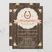 桜色のイニシャル入り馬蹄形 ウェスタンスタイルのブライダルシャワー 招待状 (正面/裏面)