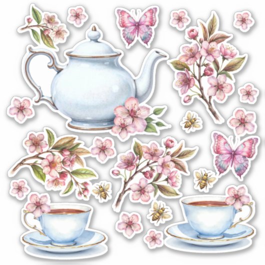 桜色の花畑とお茶 シール (正面)