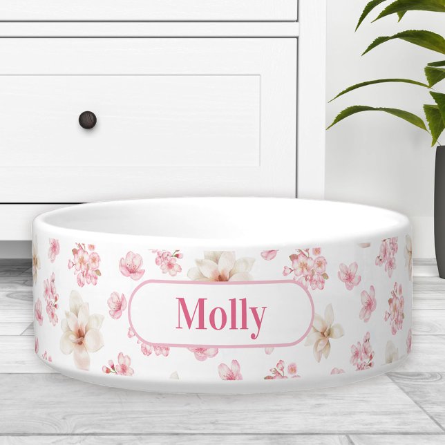 桜花柄の名前ホワイトピンクペットボウル ボウル (Sakura Floral Pattern Name White Pink Pet Bowl)