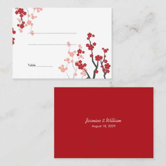 桜花赤さくらんぼ花咲きアジア結婚の プレイスカード (正面/裏面)