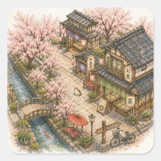 桜通り水彩画 スクエアシール (正面)