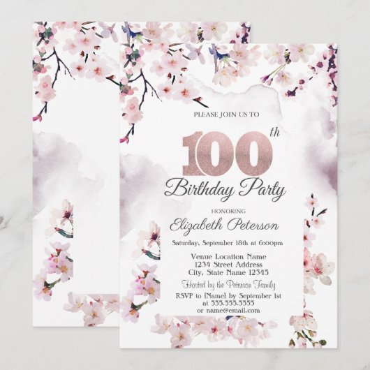 桜100歳の誕生日 招待状 (正面/裏面)