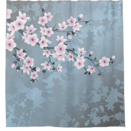 桜 さくら 花 フラワー ダスティピンク ブルー シャワーカーテン