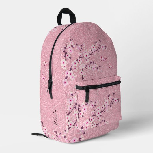 桜 ピンクのラメ プリントバックパック (裏面左端)