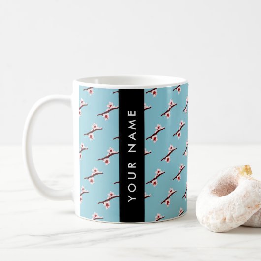 桜、ピンクの桜、あなたの名前 コーヒーマグカップ (ドーナツ)