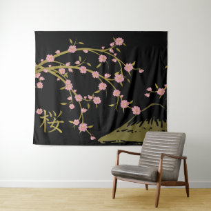 桜 ピンク ゴールド ブラック 和風 スクリーン ポスター タペストリー
