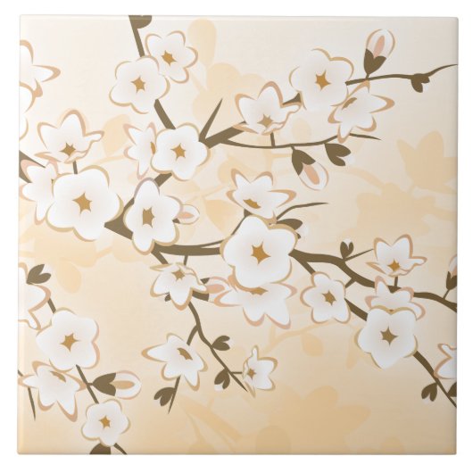 桜 ベージュ クリーム 花柄 アジア タイル (正面)