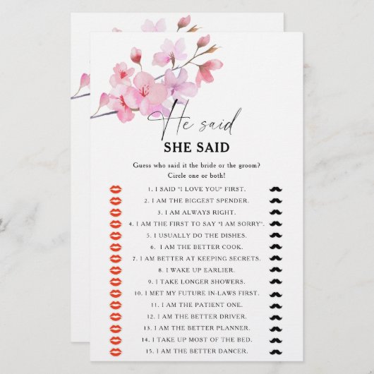 桜 – 彼は彼女はブライダルシャワーゲームと言った (正面/裏面)