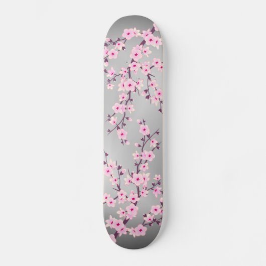 桜 灰色 ピンク アジア 花柄 スケートボード (正面)
