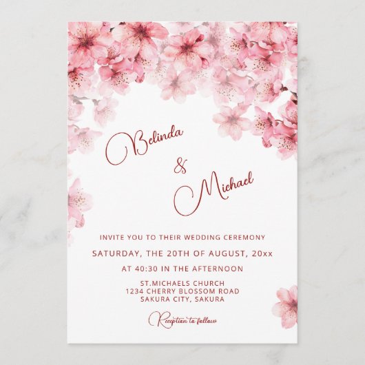 桜 白い結婚式 招待状 (正面)