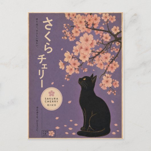 桜 黒猫 花柄 桜の花 ポストカード (正面)