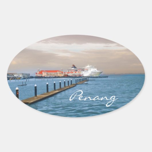 桟橋でクルーズ船 楕円形シール (正面)