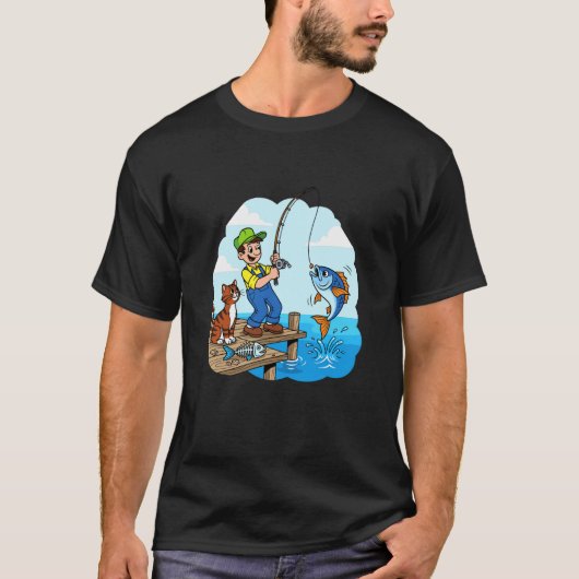桟橋で猫と釣りをする Tシャツ (正面)