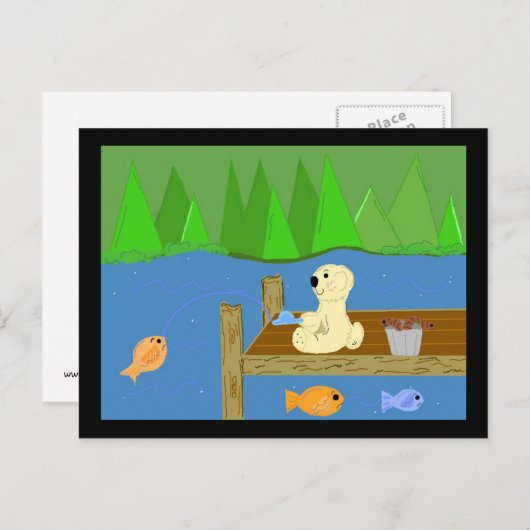 桟橋に座る小さなクマ ポストカード (正面/裏面)