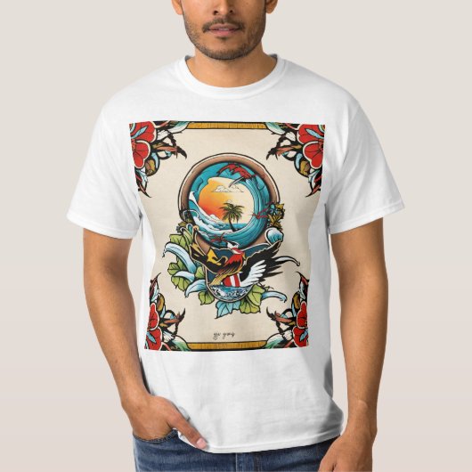 桟橋のペリカンTシャツ | 海辺のマリーナ自然 Tシャツ (正面)
