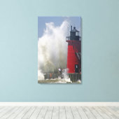 桟橋の人々は大きな波を見る キャンバスプリント (インサイチュ (ウッドフロア))