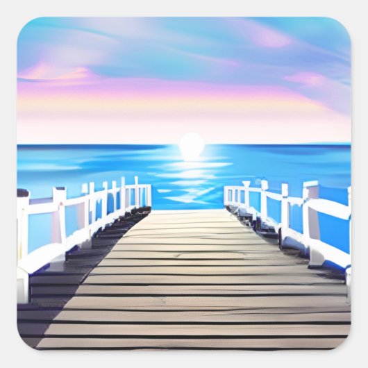桟橋、海と空の夜明け スクエアシール (正面)
