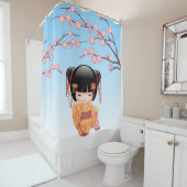 梅こけし人形日本の芸者ガールブルー シャワーカーテン (インサイチュ)