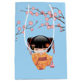 梅こけし人形日本の芸者ガールブルー ミディアムペーパーバッグ (正面)