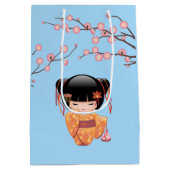 梅こけし人形日本の芸者ガールブルー ミディアムペーパーバッグ (裏面)