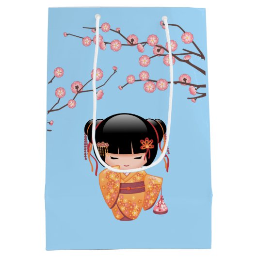 梅こけし人形日本の芸者ガールブルー ミディアムペーパーバッグ (裏面)