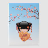 梅こけし人形日本の芸者ブルーインサート ベラム紙招待状 (正面)