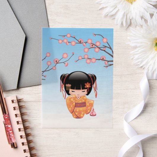 梅こけし人形日本の芸者ブルーインサート ベラム紙招待状 (ウェディング)