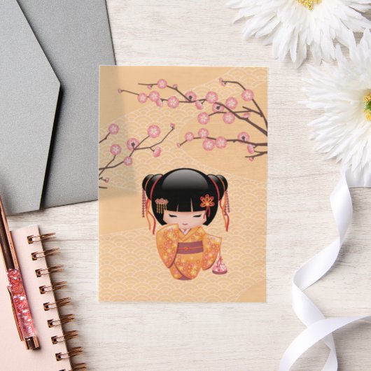 梅こけし人形芸者日本のイエローインサート ベラム紙招待状 (ウェディング)