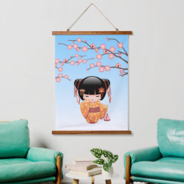 梅こけし人形 - 日本の芸者さんブルー 吊り下げ型タペストリー
