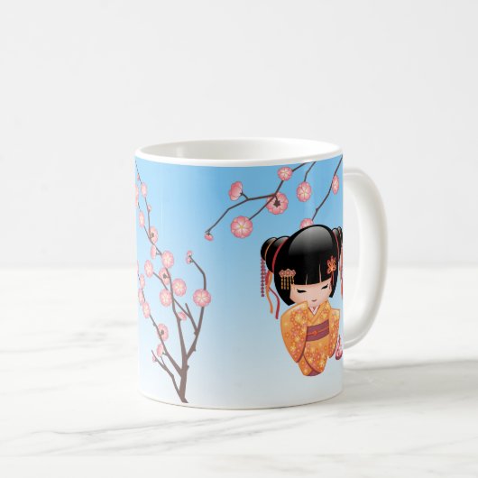 梅こけし人形 – 日本の芸者ガールブルー コーヒーマグカップ (正面右)