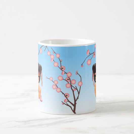 梅こけし人形 – 日本の芸者ガールブルー コーヒーマグカップ (中央)