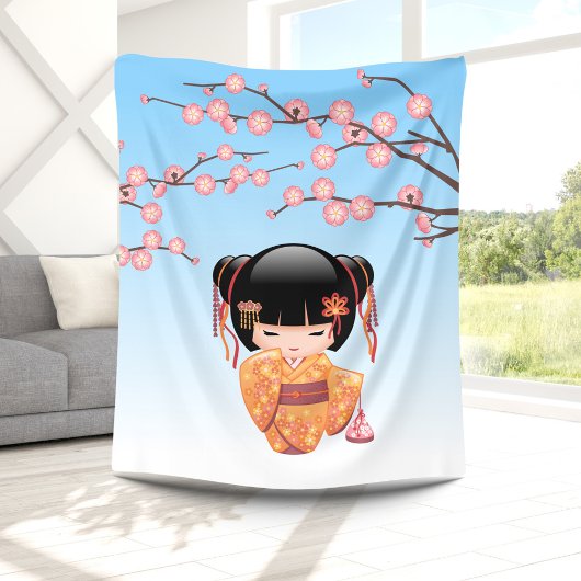梅こけし人形 – 日本の芸者ガールブルー フリースブランケット