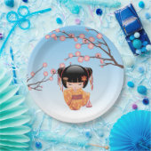 梅こけし人形 – 日本の芸者ガールブルー ペーパープレート (パーティー)