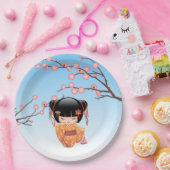 梅こけし人形 – 日本の芸者ガールブルー ペーパープレート (パーティー)