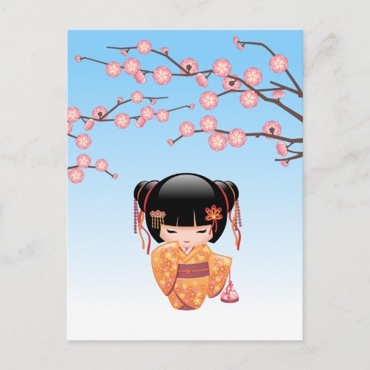 梅こけし人形 – 日本の芸者ガールブルー ポストカード (正面)