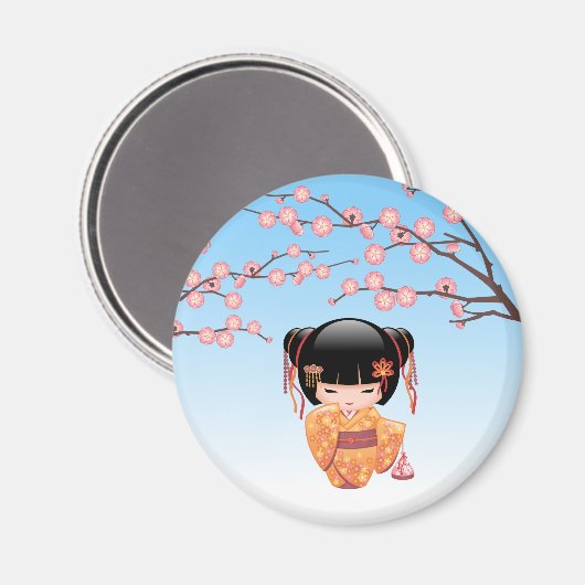 梅こけし人形 – 日本の芸者ガールブルー マグネット (正面/裏面)