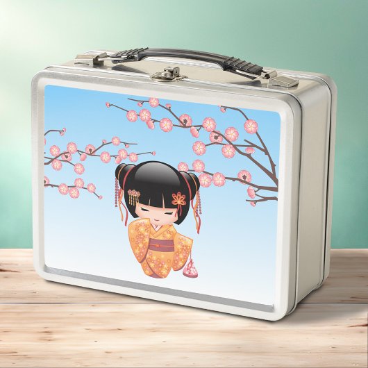 梅こけし人形 – 日本の芸者ガールブルー メタルランチボックス