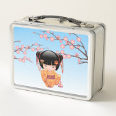 梅こけし人形 – 日本の芸者ガールブルー メタルランチボックス (裏面)