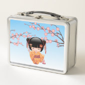梅こけし人形 – 日本の芸者ガールブルー メタルランチボックス (正面)