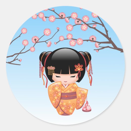 梅こけし人形 – 日本の芸者ガールブルー ラウンドシール (正面)