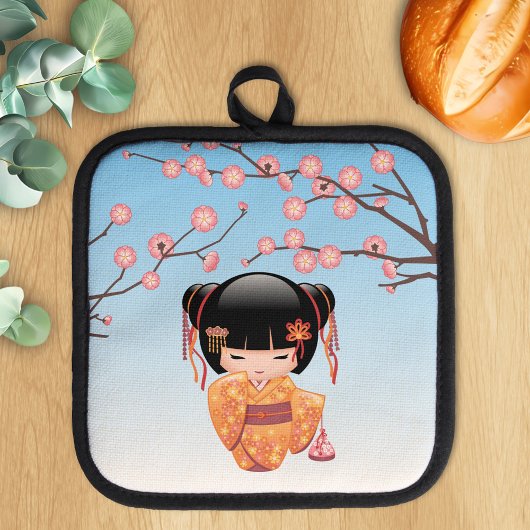 梅こけし人形 – 日本の芸者ガールブルー 鍋敷き