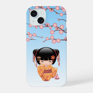 梅こけし人形 – 日本の芸者ガールブルー iPhone 15ケース