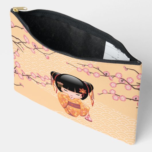 梅こけし人形 – 桃日本の芸者少女 アクセサリーポーチ (見開き)