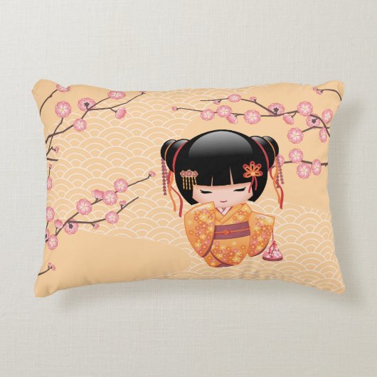 梅こけし人形 – 桃日本の芸者少女 アクセントクッション (正面)