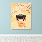 梅こけし人形 – 桃日本の芸者少女 キャンバスプリント (インサイチュ (ウッドフロア))