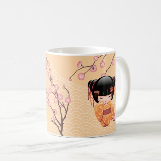 梅こけし人形 – 桃日本の芸者少女 コーヒーマグカップ (正面右)