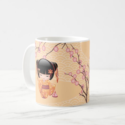 梅こけし人形 – 桃日本の芸者少女 コーヒーマグカップ (正面左)